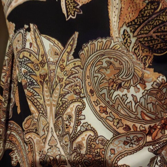Cache Long Sleeve Paisley Faux Wrap Browns/Black Neutral Blouse Large - Picture 7 of 8